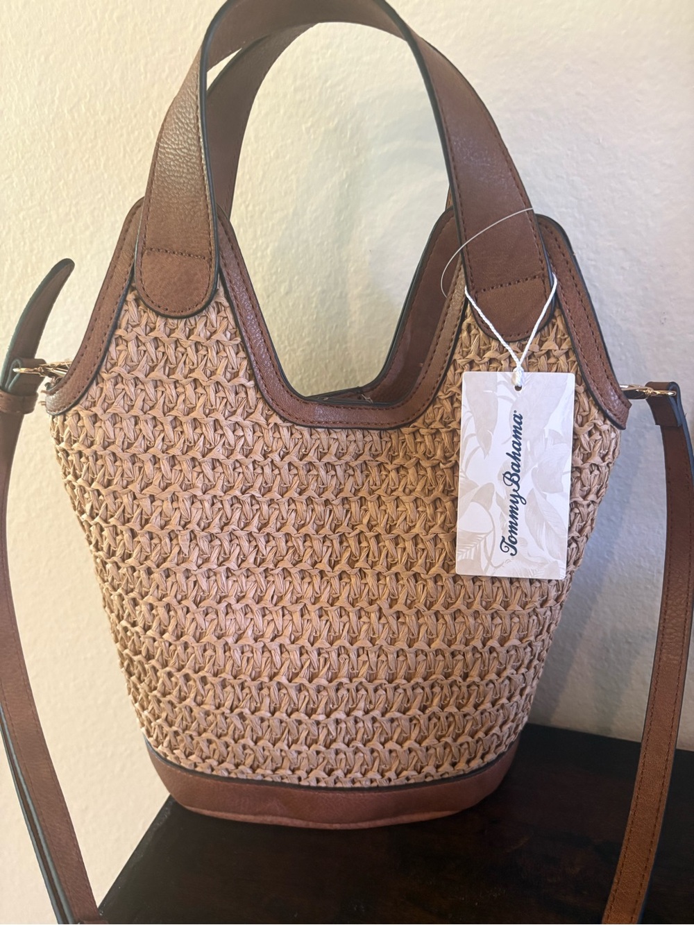 Tommy Bahama Tan Woven Tote with Brown Trim
